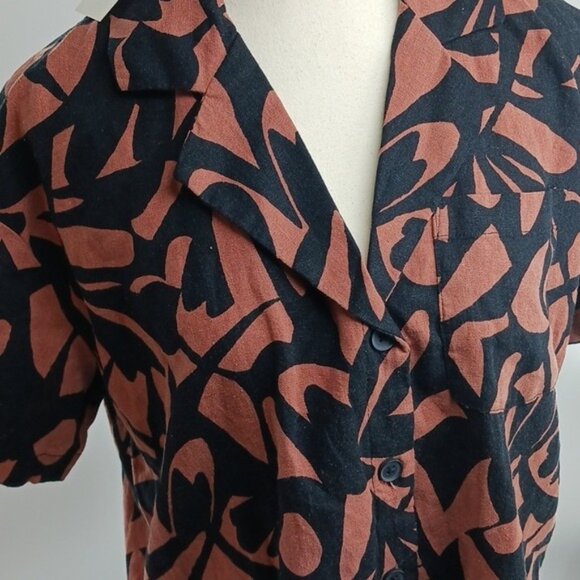A New Day Button Down Shirt Brown Linen Blend Tropical Floral Womens - Picture 4 of 10